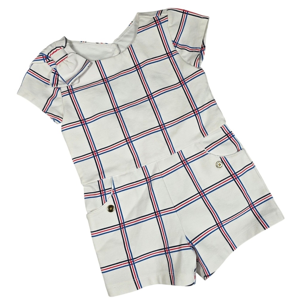 Janie & Jack Romper White Red Blue Jumpsuit Plaid Bow Nautical Preppy Toddler 3
